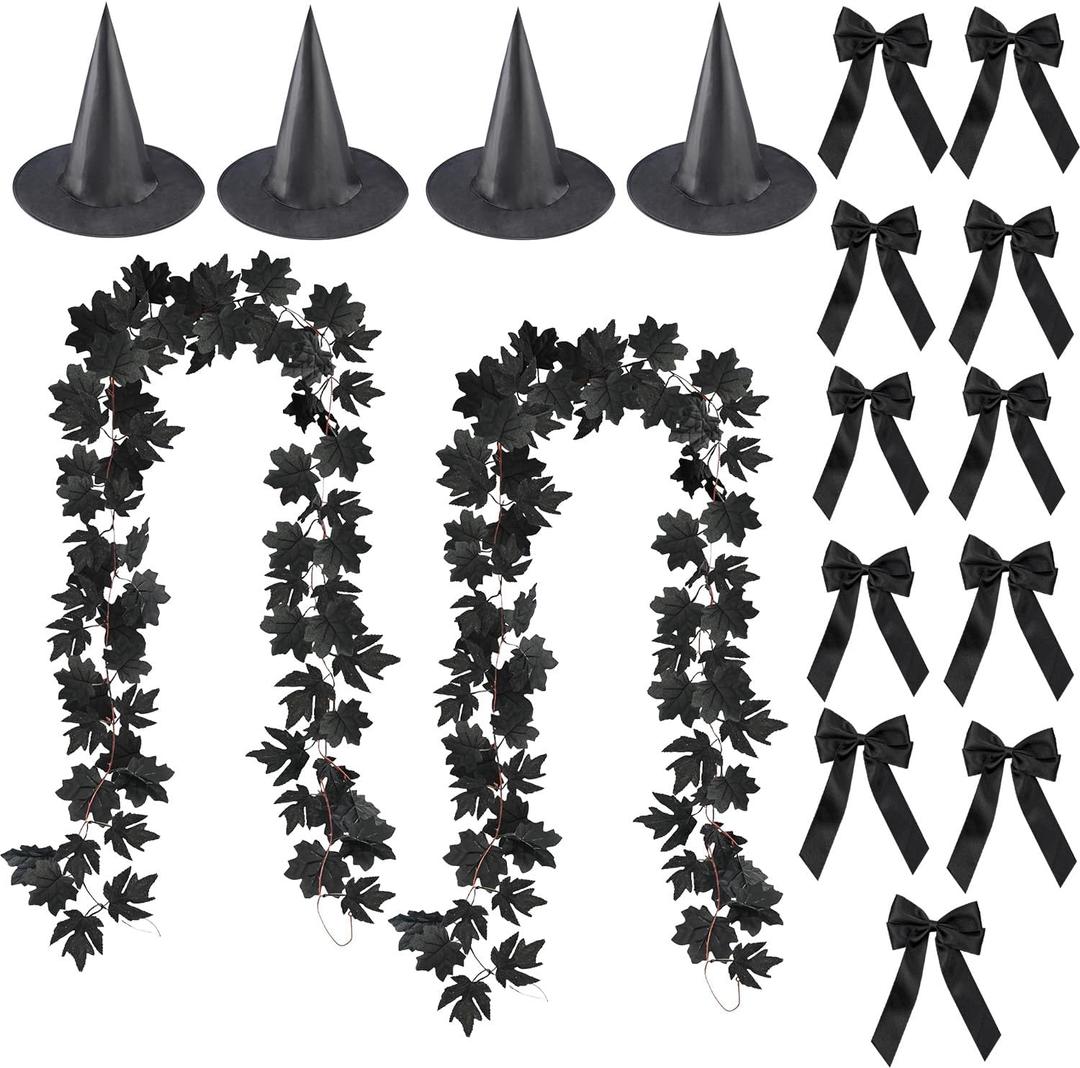 2Pack 6.6Ft Black Fall Maple Leaves Garland,4Pcs Witches Hat,15pcs Black Bow,Artificial Autumn Foliage Garland Outdoor for Home Party Mantle Fireplace Fall Halloween Thanksgiving Christmas Decor