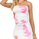 2 x VIPONES Women's Summer Tube Dress Ruched Bodycon Y2K Slim Fit Party Club Cocktail Short Mini Floral Dresses (L)