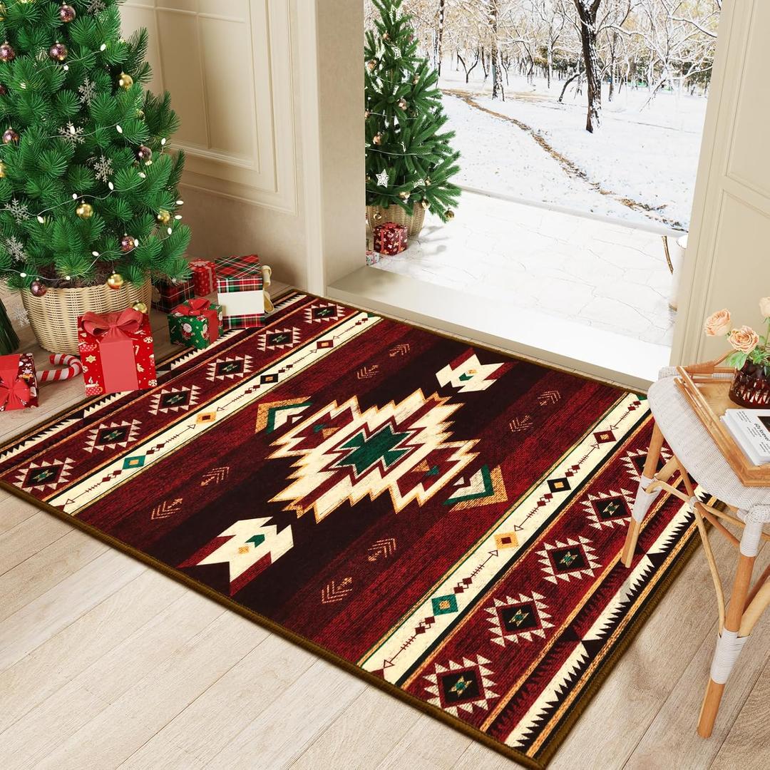 Western Entryway Rug 2x3, Non-Slip Small Area Rugs for Kitchen Entry Hallway Porch Front Door, Washable Throw Rugs with Rubber Backing, Red