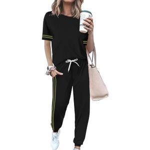 Women 2 Piece Outfits Summer Set Striped Short Sleeve Sweatsuits Crew Neck Pullover Lounge Tracksuit with Pocket (Black, S)