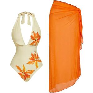 Verdusa Women's 2 Piece Sets Boho Floral One Piece Swimsuit with Cover Up Skirt Hawaiian Outfits Multicolor Large