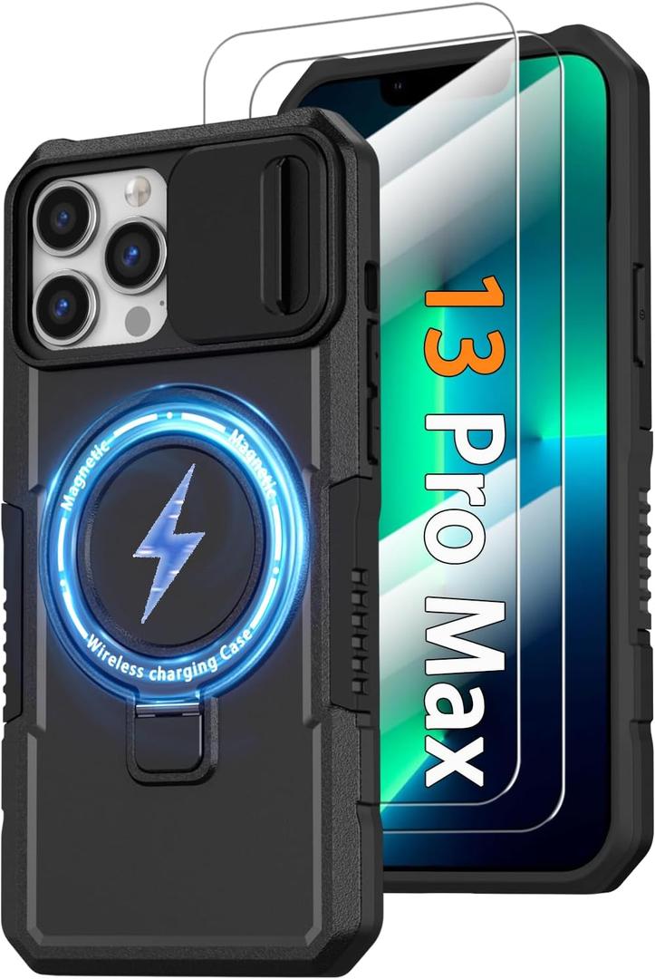 Phone Case for iPhone 13 Pro Max, with Magnetic Ring Stand [2X Glass Screen Protector] [Compatible with MagSafe] Military Grade Case with Camera Cover, Shockproof Cover for iPhone 13 ProMax, Black