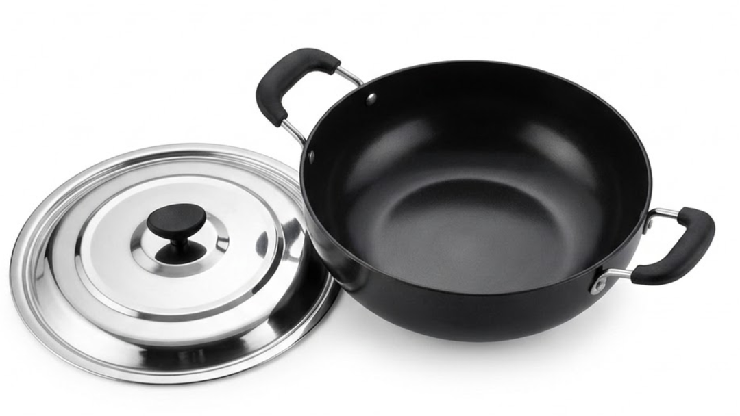 SHRIYA Hard Anodized Kadai 2 Liter with Stainless Steel Lid Heavy Duty Deep Fry Pan for Indian Cooking Gas Stove Compatible Cookware Durable Nonstick Surface with Cool Handles (3mm)