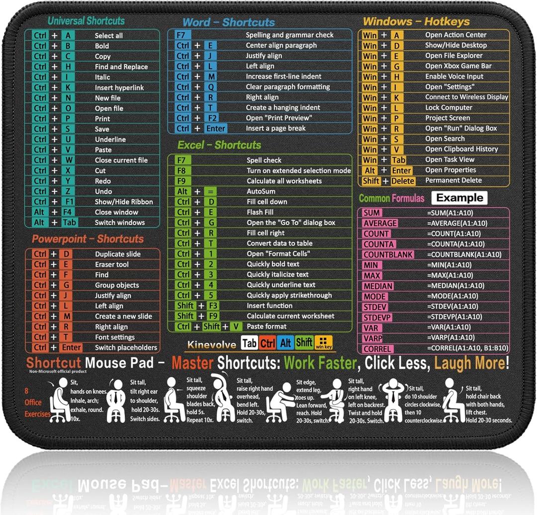 Mouse Pad for Excel/Word/PowerPoint/Windows Shortcuts  Small Excel Cheat Sheet Desk Pad  11.8"x9.8" Portable Computer Mousepad  Gaming, Office, Waterproof, Non-Slip, Stitched Edges