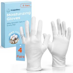 Cotton Gloves for Dry Hands Sleeping  4 Pairs 100% Cotton Moisturizing Gloves Overnight, Breathable Reusable Spa Care White Gloves Costume for Hand Repair (One size)