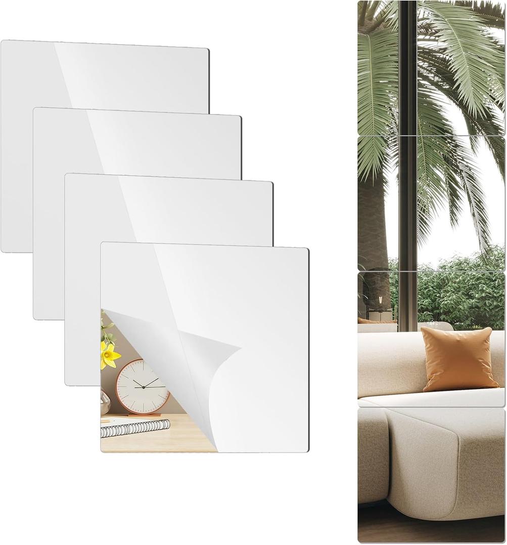 6 Pack 14"x12" Shatterproof Acrylic Mirror Tiles Self-Adhesive, Unbreakable Wall Mirrors for Kids Room, Bathroom, Bedroom, Closet Door, or Home Gym