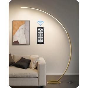 75 inch Dimmable LED Arc Floor Lamp for Living Room with Foot and Remote Control, 3 Color Temperatures, 3000K-6000K Whites, Stepless Dimming,Gold D62LD05