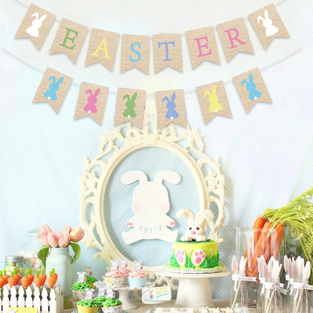 Easter Party Banner, Paper Happy Easter Banner with Colorful Letters and Rabbits Pattern, Welcome Spring Party Supplies for Inside Office Wall Home Birthday Holiday Sign Decorations