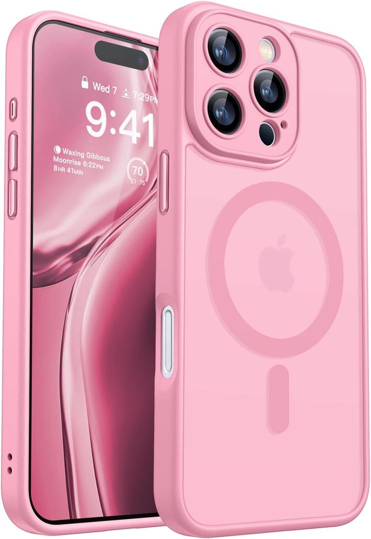 CANSHN Magnetic Compatible with iPhone 16 Pro Case, Upgraded [Full Camera Protection] [Compatible with Magsafe] [Translucent Matte] Shockproof Protective Phone Case Cover 6.3 Inch - Pink