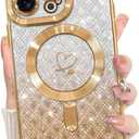 Bonoma Compatible with iPhone 15 Pro Case Support for MagSafe, Plating Heart Glitter Magnetic Checkered Case TPU Camera Protection Back Cover for Girls Women -Gold