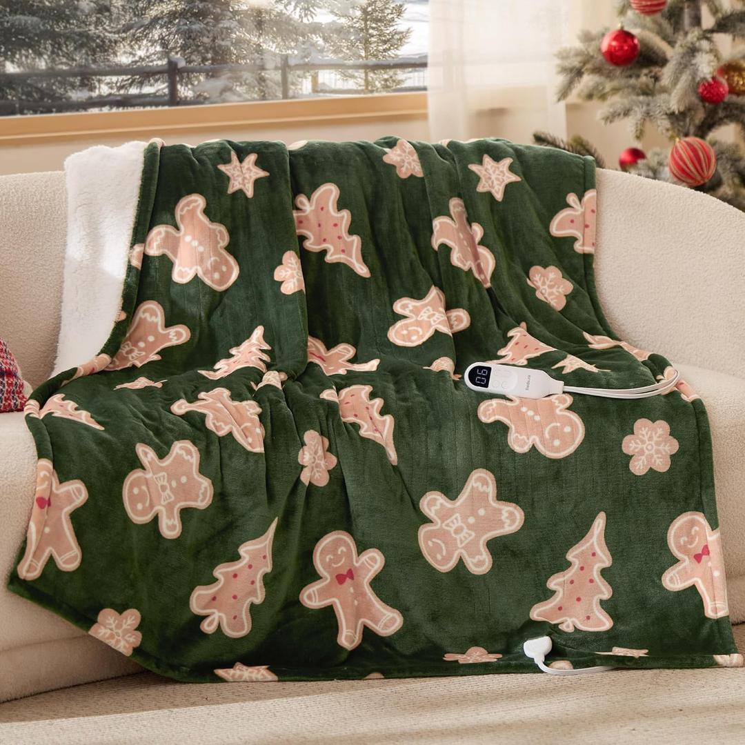 Bedsure Christmas Heated Blanket Throw - Soft Flannel Sherpa Electric Blanket with Gingerbread Pattern, Heated Throw as a Gift, with 6 Heating Levels, 4 Time Settings, and 3-Hour Auto-Off (50"x60")