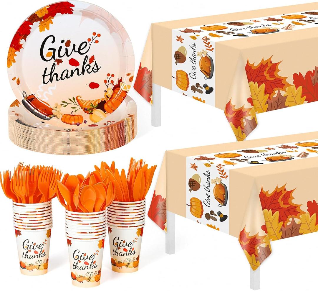 Childom 152Pcs Thanksgiving Plates and Cups,Disposable Thanks Giving Dinnerware Set,Thanksgiving Decorations,Thanks Giving Party Supplies,Give Thanks Tablecloth Plates Cups Forks Knives Spoon,Serve 30