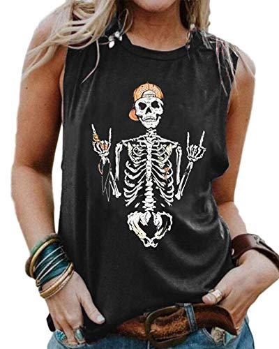 BRUBOBO Womens Funny Skull Graphic Tank Tops Summer High Neck Sleeveless Workout Tee Shirts, Medium,Black