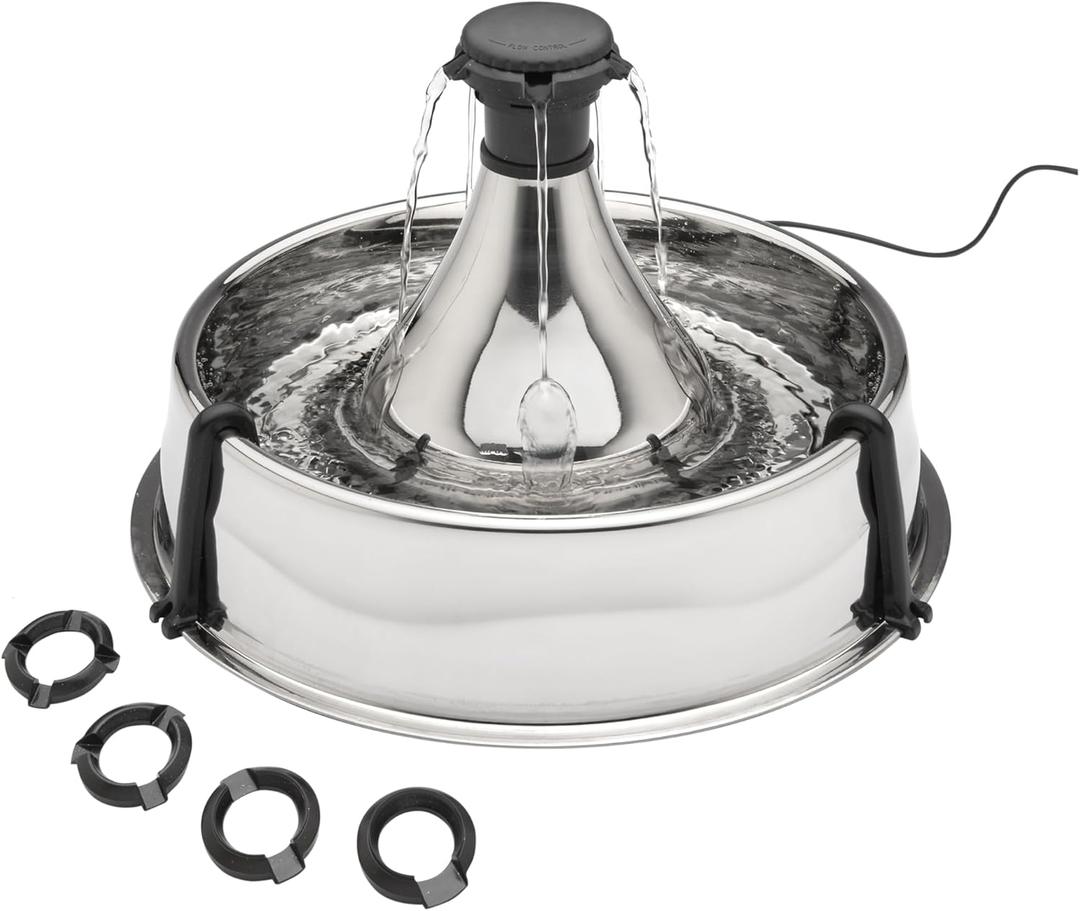 PetSafe Drinkwell Stainless Steel 360 Multiple Pet Fountain - Scratch and Rust Resistant Automatic Water Dispenser for Cats or Dogs - Adjustable Flow Control - 128 Ounce (3.8 Liter) - Filters Included