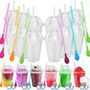 12 Sets Slushie Cups with Dome Lids and Straws Detachable Spoon Straws Reusable 16 oz Plastic Iced Coffee Cups Smoothie Tumbler for Birthdays Summer Party Supplies (Transparent White)