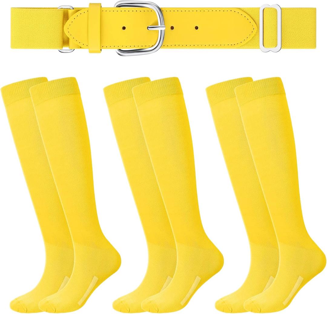 Haysandy Baseball or Softball Sock and Belt Combo Set 3 Football Baseball Socks with Softball Belt for Youth Boys Kids (X-Small, Yellow)