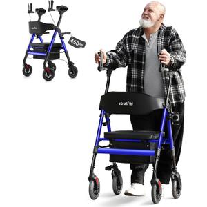 Upright Walkers for Seniors, 450 lb Heavy Duty Stand Up Rollator Walker with Adjustable Soft Sponge Armsupport & Seat, Tall Standing Folding Rolling Walker with 8'' Wheel, Blue