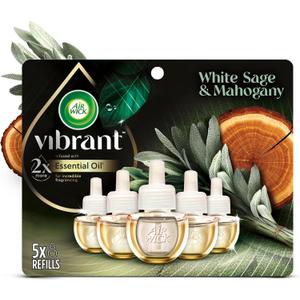 Air Wick Plug in Scented Oil Refill, 5ct, White Sage & Mahogany, Air Freshener, Essential Oils (0.68 Fl Oz (Pack of 5)