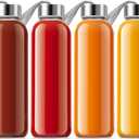 QCen 18oz Clear Glass Bottle for Juicing, Reusable Glass Water Bottles for Juicer Machine, with Stainless Steel Leak-Proof Lids, Wide Mouth Liquid Storage Containers, BPA Free, Set of 6