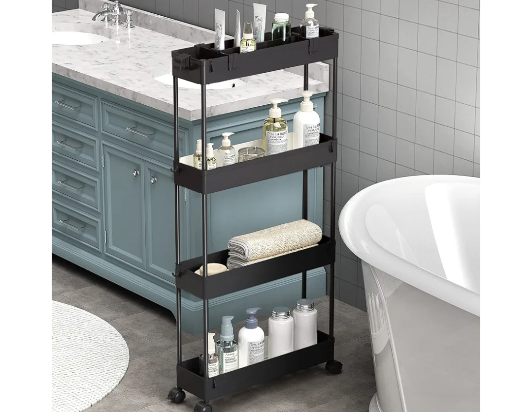 SPACELEAD Slim Storage Cart 4 Tier,Bathroom Organizer Rolling Utility,Mobile Shelving Unit Slide Out for Office, Kitchen, Laundry Room & Narrow Places,Black