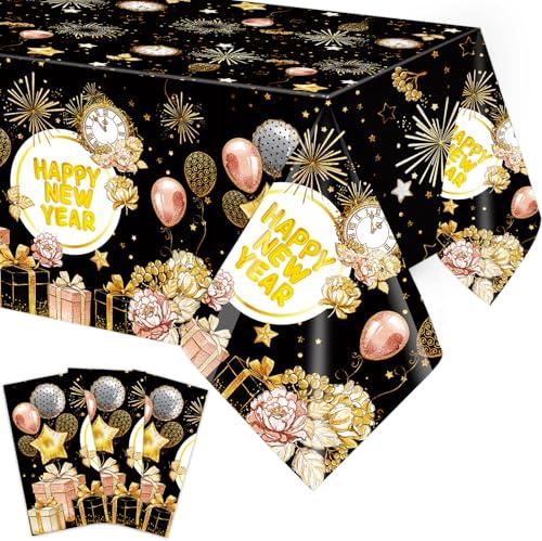 Fancy Land Happy New Year Tablecloths 3 Pack New Years Eve Party Decoration 2026 NYE Disposable Plastic Tablecloths 54 x 108 Holiday Party Table Cover Supplies