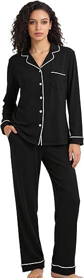 Womens Pajama Set, Soft Long Sleeve Pajamas & Long Pants with Pockets, Button-up Sleepwear Lounge Pjs