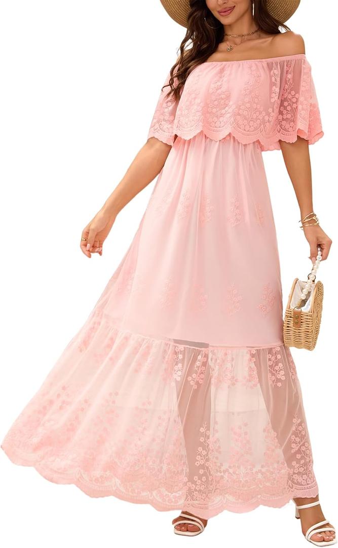 Women's Off The Shoulder Embroidered Lace Maxi Wedding Dress Boho Wedding Guest Formal Party Maternity Photoshoot Dresses (Pink, M)