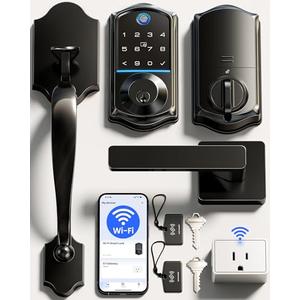 Veise VE017G-H Wi-Fi Smart Fingerprint Front Door Lock Set, Remote App Control, Keyless Entry Deadbolt with Handle, Backlit Keypad, IP55 Weatherproof, Auto Lock, Easy to Install, Matte Black