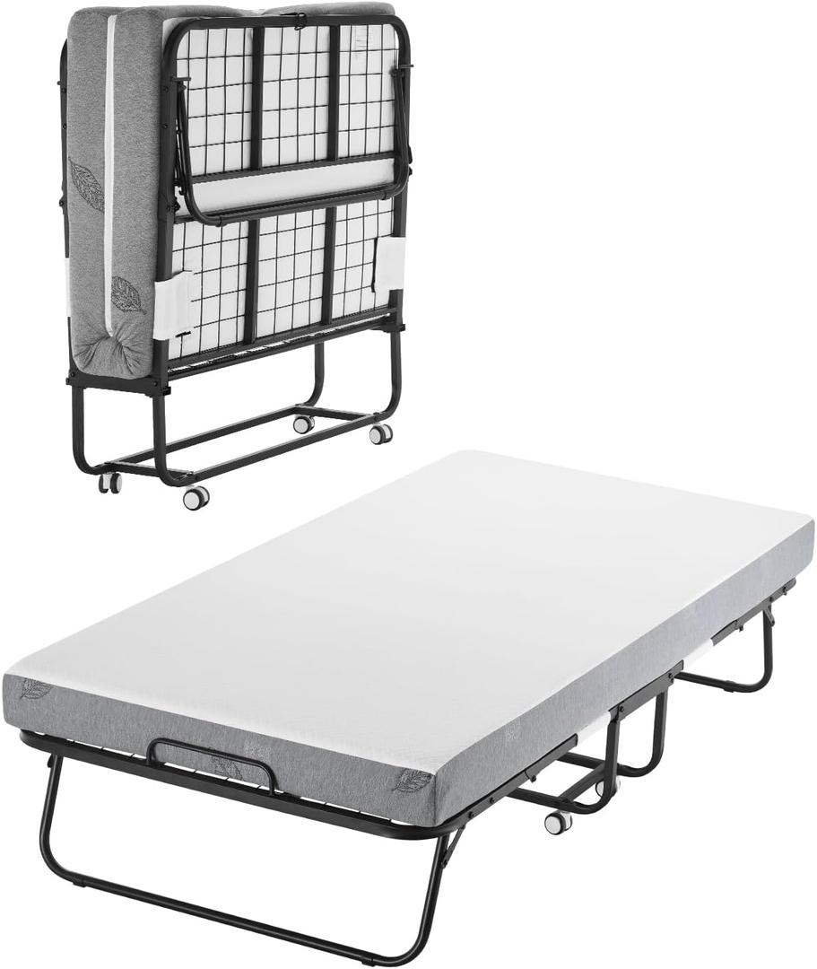 VEVOR 38 in x 75 in Folding Bed with 5 in Mattress, Twin Size, White, Metal Frame & Memory Foam Mattress, Portable Rollaway Bed, 450 lbs Weight Capacity, Adult Guest Bed (No Mattres) 