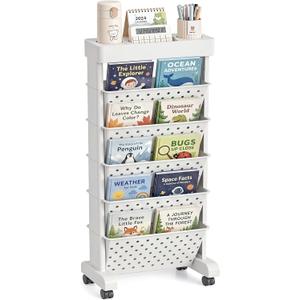 BYFU 6Tier Movable Bookshelf Cart, Rolling File Paper Storage Organizer Mobile Bookcase with Wheels for Home Office Study Classroom, White