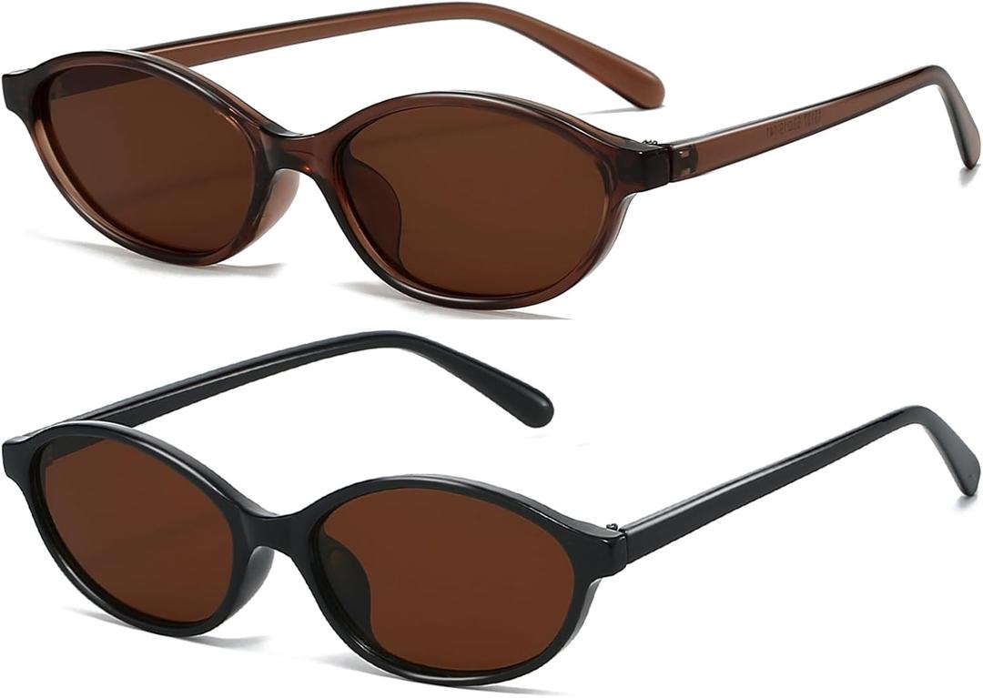 Retro Oval Sunglasses for Women Small Oval 90s Sunnies Trendy Narrow Cat Eye Vintage Shades 2 Pack