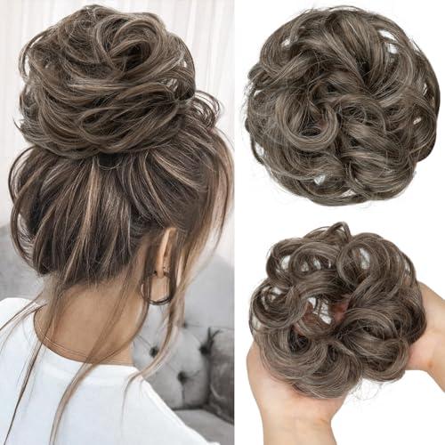 CJL HAIR Large Messy Bun Hair Piece Wavy Curly Scrunchies Synthetic Chignon Ponytail Hair Extensions Thick Updo Hairpieces for Women Pepper Brown