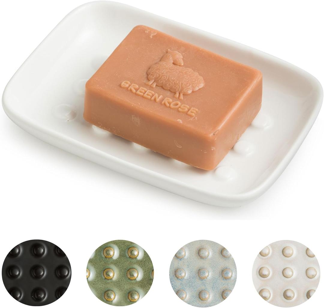 Soap Dish, Ceramic Soap Holder Shower Soap Dish for Bar Soap Sponge, Soap Saver Tray for Bathroom Kitchen Sink, White (Floating Point Design)
