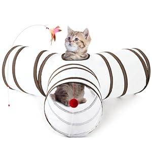 Tempcore Pet Cat Tunnel Tube Cat Toys 3 Way Collapsible, Cat Tunnels for Indoor CatsKitty Tunnel Bored Pet Toys Peek Hole Toy Ball Puppy, Kitty, Kitten, Rabbit Beige Deer