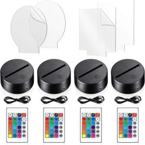 Honoson 4 Pcs 3D Night LED Light Lamp Base with 4 Pcs Clear Acrylic Sheets Remote Control USB Cable Adjustable 16 Colors 4 Modes Base Show Stand for Christmas Room Restaurant Bar Shop(Black Style)