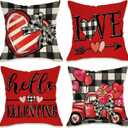 Fahrendom Hello Valentines Day Decorative Throw Pillow Covers 18 x 18 Set of 4, Red Heart Truck Buffalo Plaid Porch Outdoor Pillowcase, Romantic Anniversary Wedding Sofa Couch Cushion Case Home Decor
