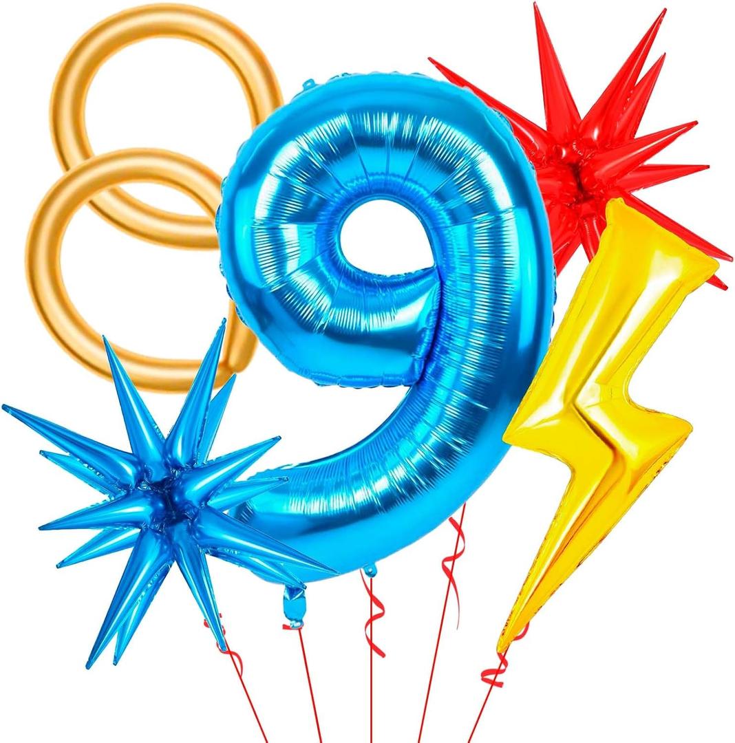 Cartoon Hedgehog Birthday Decorations, 9th Birthday Decorations for Boys, Red Blue Yellow Number Balloons with Boom Star and Lightning (Blue 9)