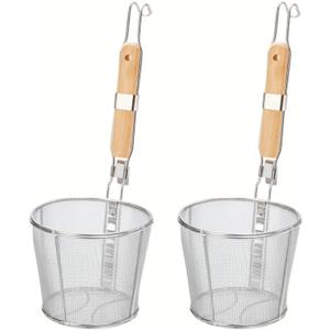 2 Pack Pasta Strainer Basket, Stainless Steel Mesh Spider Strainer with Wooden Handle for Boiling, Kitchen Fine Food Skimmer Deep Fry Basket for Pasta, Noodle, Dumpling, 5.3''D x 5.1''H