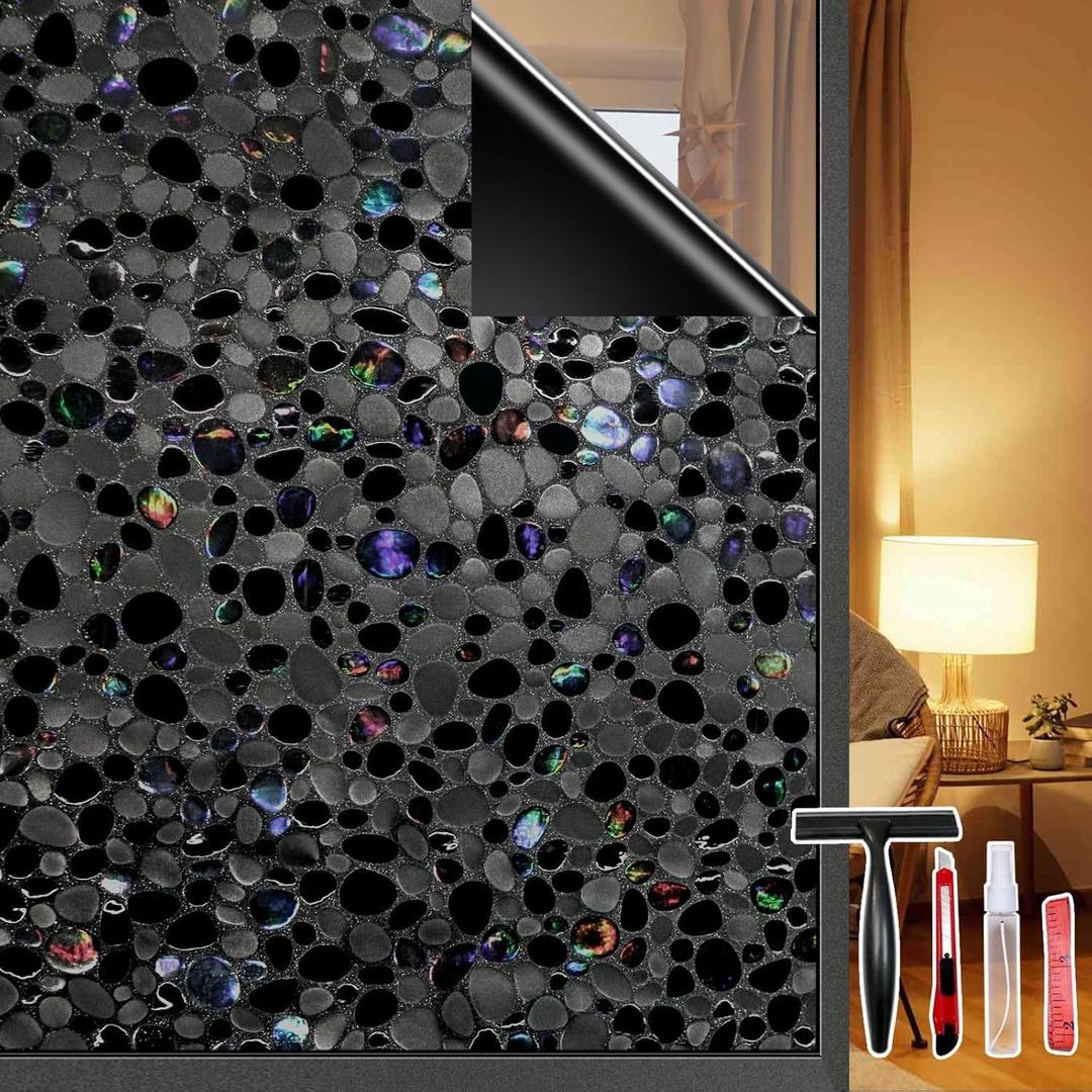 Blackout Window Film with Installation Tools, 29.5 x 196.8 Inch 100% UV Blocking Privacy Tint, Static Cling Heat Control Black Out Window Covering for Bedroom,3D Pebble, Black