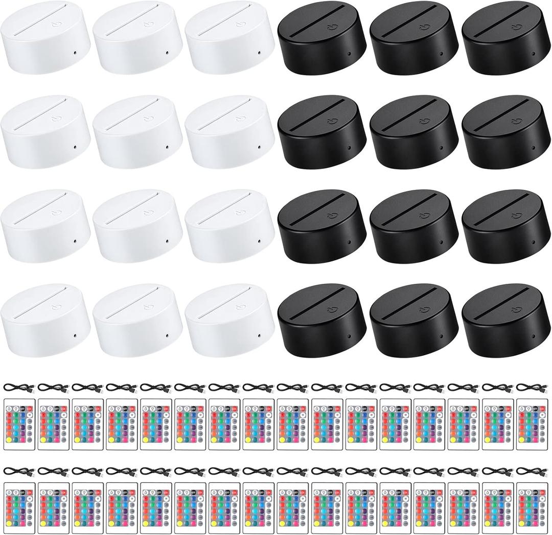 Riakrum LED Lamp Base, 24 Sets 3D Night Light with 16 Colors, Remote Control, USB Cable, for Acrylic and Resin Glass (Black, White)