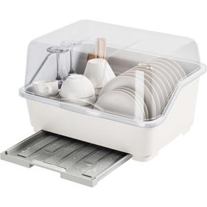 Tomorotec Plastic Dish Drying Rack & Drain Board with Lid Cover Light White, 15.8 x 12.2 x 10 inches