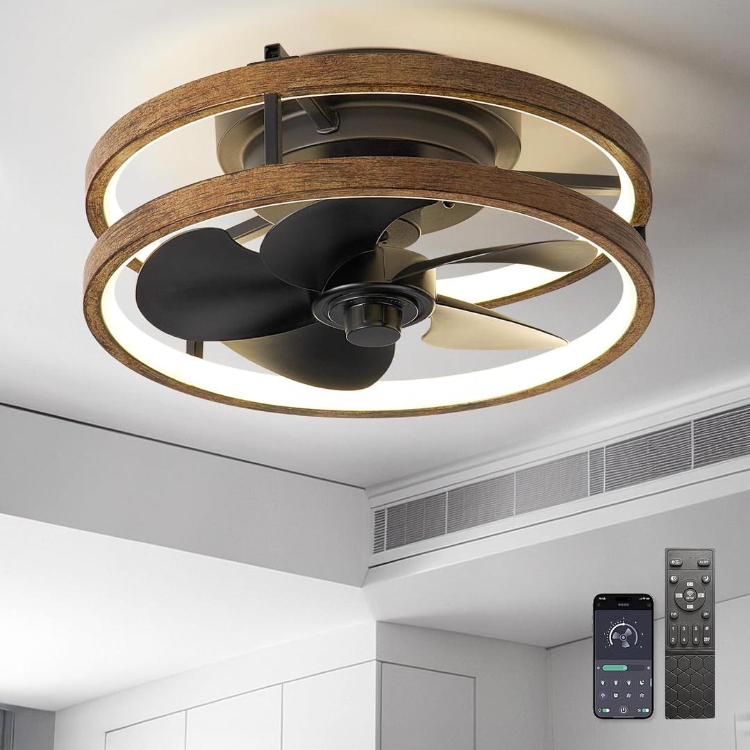 13 Inchs Low Profile Ceiling Fans with Lights with Remote Dimmable 36W 3000-6000K LED Fan with Light,Modern Silent Ceiling Fans Flush Mount for Bedroom Living Room (Wooden+Black)