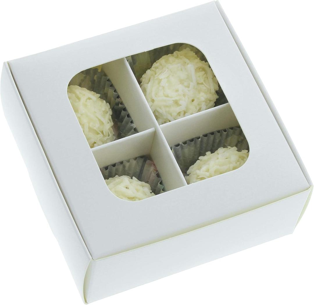 Treat Boxes - 20 ct 3.5 x 3.5 x 1.6 in Bakery Boxes with Windows and Dividers for Candy, Cookies, Cupcakes, or Bakery Desserts - Chocolate, Treats, and Baked Goods Packaging for Gifting (White)
