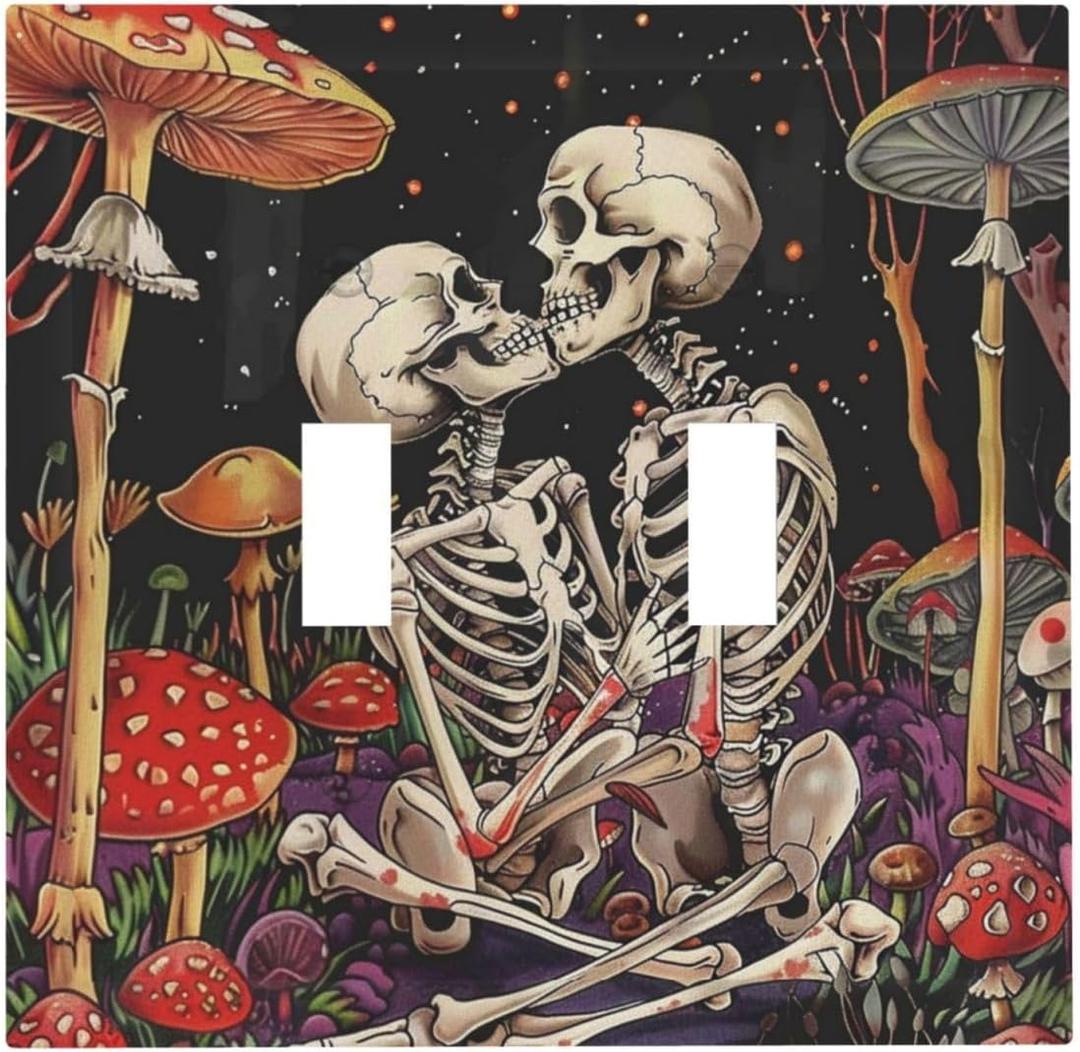 ROUGUI Decorative Switch Plate Covers Skeletons are Kissing and Surrounded by Red Mushrooms 2 Gang Wall Plate Double Toggle Light Switch Cover Plate Electric Dual Device Electrical Faceplate
