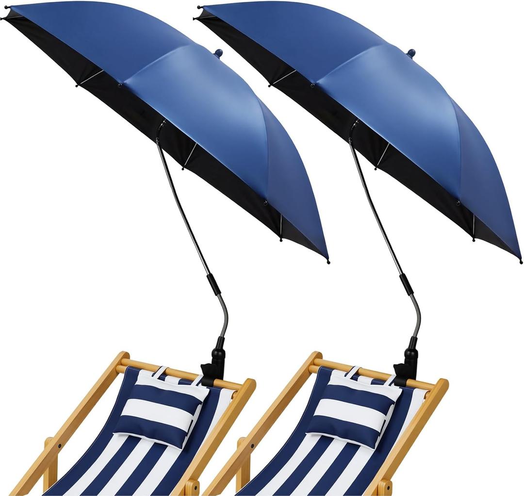 2 Pcs Beach Umbrella with Clamp UV Protection 48 Inch Adjustable Umbrellas for Chair with 360 Universal Clamps for Beach Camping Stroller Wheelchair, Chair Not Included(Deep Blue)