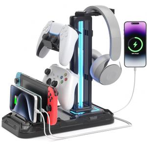 KDD Headset Stand with Charging Station - Detachable Controller Holder with 9 Light Modes - Rotatable Headphone Hanger with USB A&C Charger Ports - Earphone Hook for PC Gaming Accessories Storage