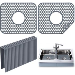 3 Pack Sink Mat and Sink Saddle Set, Sink Protectors for Kitchen Sink, Silicone Sink Saddle Mat Dishwasher Safe, Non Slip Folding Sink Grid to Protect Sink from Stains, Damage, Scratches