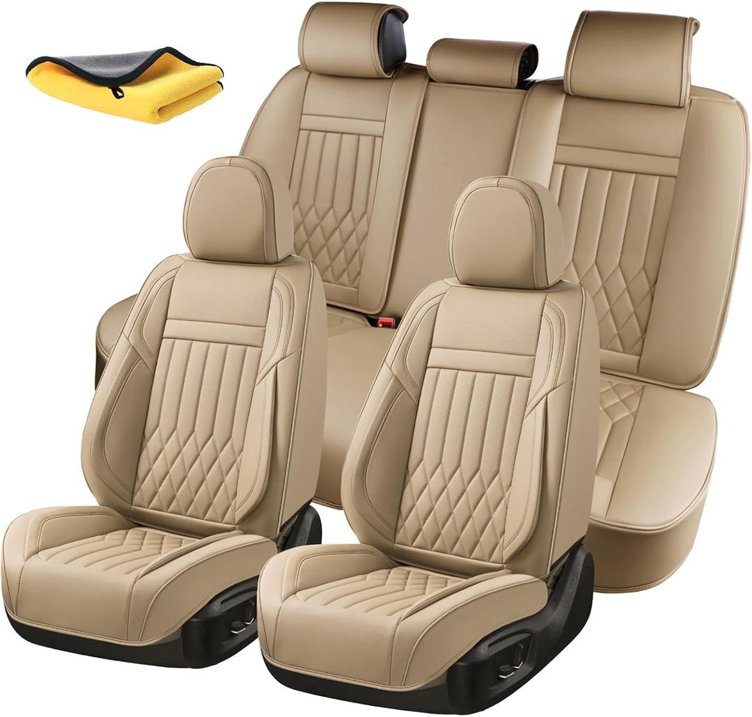 Universal 5-Seater Waterproof Breathable Nappa Leather Car Seat Covers Full Set, Fit for Front Rear Seats, Compatible with Hy-undai Sonata, To-yota Camry, Fo-rd F-150, Fit Most Sedans SUV Beige