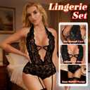 424 Women's Crotchless Lingerie Set Outfits Lace Bodysuit with Garter Belt Stockings Naughty Tedddy One Size fits most