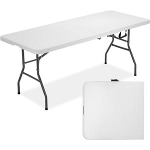 FDW 6 Foot Outdoor Dining Table, Foldable Portable Rectangular Plastic Folding Table with Built in Carrying Handle for Party and Wedding Use, White